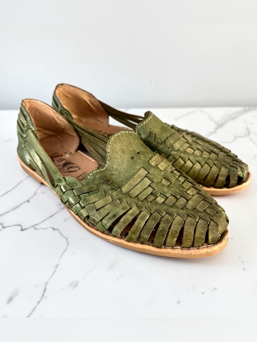 Green Leather Huarache Slip-On Loafers/Flats for Women